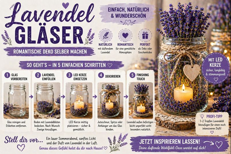 Lavendel Gläser mit Licht